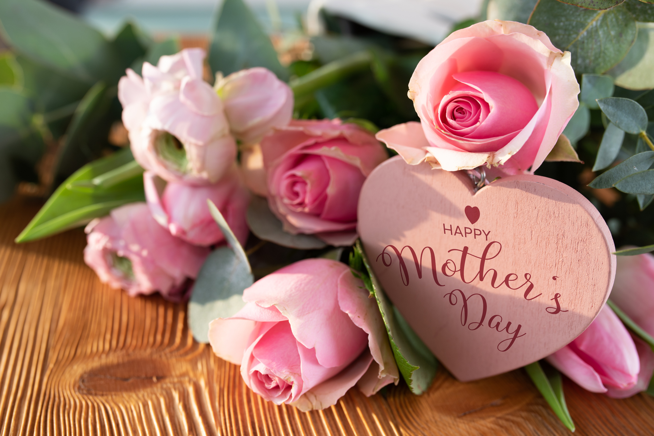 Mothers day card with pink flowers and heart floral picks