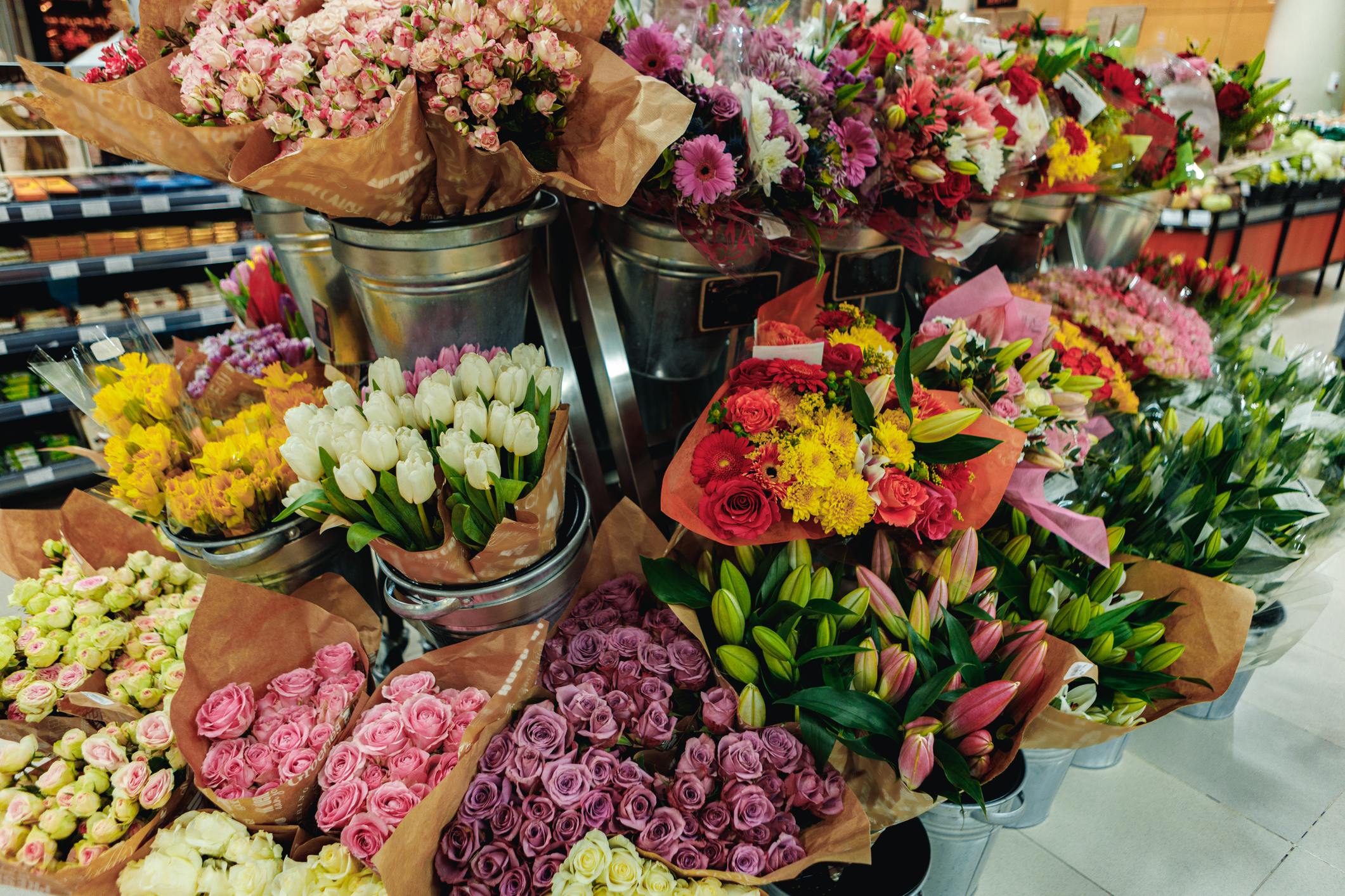 Flower bouquets on sale in a supermarket floral picks